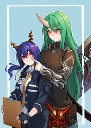  2girls :t absurdres alternate_costume arknights belt black_gloves black_jacket black_shirt blue_background blue_hair blush breasts brown_belt ch&#039;en_(arknights) cheek_poking chinese_commentary clipboard commentary_request dragon_horns fingerless_gloves gloves green_hair grey_pants hair_between_eyes head_tilt highres holding holding_clipboard horns hoshiguma_(arknights) hoshiguma_(ronin_huntress)_(arknights) iku!_iku!! jacket jewelry large_breasts long_hair long_sleeves looking_at_another low_twintails magatama magatama_necklace mask medium_breasts multiple_girls necklace necktie official_alternate_costume oni_mask outline pants poking pouch red_eyes shirt simple_background single_horn smile twintails upper_body very_long_hair white_outline white_shirt wing_collar yellow_eyes yellow_necktie yuri 