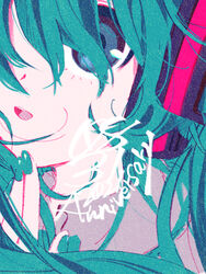  :d anniversary aqua_hair aqua_nails blue_eyes chabi_(amedama) close-up dated english_text female film_grain finger_to_own_chin hand_on_own_chin hand_up hatching_(texture) hatsune_miku linear_hatching long_hair looking_at_viewer nail_polish parted_lips portrait round_teeth smile solo swept_bangs tareme teeth upper_teeth_only vocaloid 