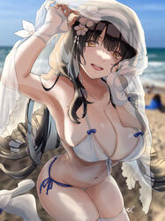  absurdres armpits arms_up beach bikini blurry blurry_background breasts brown_eyes brown_hair cleavage collarbone daiyan_(neural_cloud) feet_out_of_frame female finellen flower girls&#039;_frontline girls&#039;_frontline_neural_cloud gloves hair_flower hair_ornament hairband highres large_breasts light_blush long_hair looking_at_viewer navel official_alternate_costume on_ground open_mouth outdoors parted_lips partially_fingerless_gloves slippers smile solo swimsuit teeth thighhighs type_95_(girls&#039;_frontline) type_95_(summer_cicada)_(girls&#039;_frontline) upper_teeth_only veil white_bikini white_gloves white_hairband white_thighhighs 