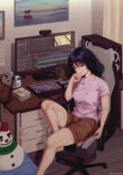  at_computer barefoot bedroom black_hair breasts casual chair chihayafuru commentary commission computer computer_keyboard computer_tower desk english_commentary female foot_out_of_frame gaming_chair head_rest highres indoors knee_up medium_breasts medium_hair microphone microphone_stand mole mole_under_eye monitor painting_(object) pink_shirt print_shirt purple_eyes shirt short_sleeves shorts sitting snowman snowmaru solo swivel_chair t-shirt twitter_username tyrone wakamiya_shinobu webcam 