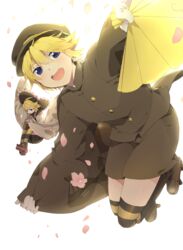  1boy black_capelet black_legwear black_shirt black_shorts blonde_hair blue_eyes capelet cherry_blossoms commentary dress expressionless eyepatch falling_petals female folding_fan frilled_capelet frills furisode_sleeves geta hand_fan hat holding holding_fan kagamine_len kagamine_rin knees_up looking_at_viewer military military_hat military_uniform ni_no_sakura_kouchou_(module) ni_no_sakura_senbu_(module) open_mouth petals project_diva_(series) senbonzakura_(vocaloid) shirt short_hair shorts sinaooo smile thighhighs uniform vocaloid white_background white_dress wide_sleeves 