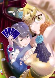  2girls aburaeoyaji alternate_costume animal_ears arm_up armpits ascot bare_shoulders black_eyes black_hair blonde_hair bow bowtie breasts card casino_card_table covered_nipples dress extra_ears eyelashes fisheye flower foreshortening formal from_above green_eyes grey_hair hair_flower hair_ornament half-closed_eye hand_up height_difference highres holding holding_card indoors jacket jaguar_(kemono_friends) jaguar_ears jaguar_girl jaguar_tail kemono_friends large_breasts lips locked_arms long_sleeves looking_at_viewer medium_hair multicolored_hair multiple_girls open_clothes open_jacket outstretched_arm parted_lips playing_card poker_table reaching reaching_towards_viewer rose shirt side-by-side sideboob small-clawed_otter_(kemono_friends) smirk smug suit suit_jacket table tail translation_request two-tone_hair 