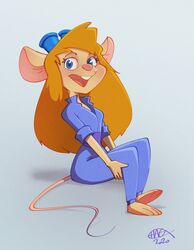  2020 3_toes 4_fingers anthro belt big_ears biped blonde_hair blue_eyes chip_&#039;n_dale_rescue_rangers clothing coveralls dated disney eyebrows eyelashes eyewear eyewear_on_head feet female fingers gadget_hackwrench goggles goggles_on_head hair hi_res jumpsuit mammal mouse murid murine open_mouth open_smile pink_nose rockbottomfeeder rodent sitting smile solo tail thin_tail toes 