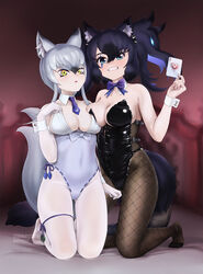  2girls absurdres alternate_costume animal_ears aqua_eyes arm_at_side ass_visible_through_thighs asymmetrical_docking bare_arms bare_shoulders beleven big_hair black_hair bow bowtie breast_on_breast breast_press breasts card cerberus_(kemono_friends) cleavage commission covered_navel detached_collar dog_ears elbow_gloves fishnet_pantyhose fishnets forked_eyebrows full_body furrowed_brow gloves glowing glowing_hair green_eyes groin hair_between_eyes hand_up highleg highleg_leotard highres holding holding_card kemono_friends kneeling leotard lizard_tail looking_at_another looking_at_viewer makami_(kemono_friends) medium_breasts medium_hair multicolored_eyes multicolored_hair multiple_girls multiple_tails necktie nervous paid_reward_available pale_skin pantyhose parted_bangs parted_lips playboy_bunny purple_hair scar scar_across_eye shiny_clothes short_hair_with_long_locks strapless strapless_leotard tail thigh_strap traditional_bowtie two_side_up watermark white_pantyhose wolf_ears wolf_girl wolf_tail wrist_cuffs yellow_eyes 