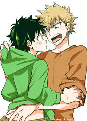  2boys arm_around_waist bakugou_katsuki blonde_hair boku_no_hero_academia clothes_pull freckles green_eyes green_hair green_hoodie hood hoodie looking_at_another male_focus midoriya_izuku multiple_boys open_mouth orange_shirt red_eyes shirt shirt_pull simple_background spiked_hair tongue tongue_out twitter_username ume_(326310) v-shaped_eyebrows yaoi 