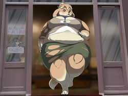  2019 after_eating anthro behind_glass belly big_belly big_breasts breasts brown_body canid canine canis clothed clothing currency_amount currency_symbol detailed_background digital_media_(artwork) digitigrade dollar_sign domestic_dog duo female female_focus fox fur glass holding_object holding_sign mammal meanybeany number overweight overweight_female price price_rate raised_foot rate restaurant short_snout sign snout solo_focus stuffing symbol thick_thighs tight_clothing undersized_clothing up_to_window walking window 