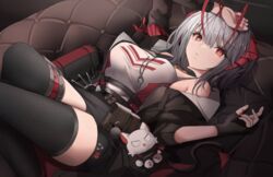  antennae arknights black_gloves black_jacket black_skirt black_thighhighs breasts choshanland_plushy_(arknights) commentary couch demon_girl demon_horns english_commentary female fingerless_gloves gloves grey_hair highres horns jacket jewelry looking_at_viewer lying necklace off_shoulder official_alternate_costume on_back on_couch open_clothes open_jacket orange_eyes shirt skirt solo stratoz stuffed_animal stuffed_cat stuffed_toy thighhighs w_(arknights) white_shirt 