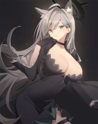  ahoge animal_ear_fluff animal_ears black_background black_choker black_dress black_gloves blue_archive blue_eyes breasts choker cleavage cross_hair_ornament dress extra_ears female gloves grey_hair hair_between_eyes hair_ornament halo highres kildir large_breasts long_hair long_sleeves looking_at_viewer shiroko_(blue_archive) shiroko_terror_(blue_archive) solo thigh_strap wolf_ears 