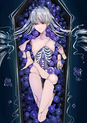  absurdres amputee broken coffin collarbone crack cracked_skin doll doll_joints female flower grey_hair highres joints long_hair nude original quadruple_amputee red_eyes ribs solo teizen_(niwamaee) twintails very_long_hair white_hair 