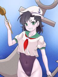  absurdres anchor anchor_symbol big_mouse black_hair black_leotard breasts covered_navel female green_eyes hat highres leotard leotard_under_clothes medium_breasts murasa_minamitsu neckerchief no_pants oerba_yun_fang pale_skin red_neckerchief sailor sailor_collar sailor_hat sailor_shirt shirt short_hair smile solo touhou v-shaped_eyebrows white_shirt 