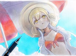  azusawa_kohane bad_id bad_twitter_id beach_umbrella bikini blonde_hair blue_sky blush chin_strap collarbone day female from_below front-tie_bikini_top front-tie_top graphite_(medium) hat highres jacket looking_at_viewer marker_(medium) mechanical_pencil open_clothes open_jacket outdoors parted_lips pato_(ptro) pencil project_sekai red_bikini short_sleeves short_twintails sky solo sun_hat swimsuit traditional_media twintails umbrella undone_chin_strap upper_body white_jacket yellow_eyes 