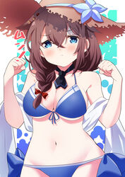  bikini blue_bikini blue_eyes blush breasts brown_hair brown_hat cleavage closed_mouth collarbone female groin hair_between_eyes hat kantai_collection large_breasts long_hair navel official_alternate_costume sanninme_no_haru shigure_(kancolle) shigure_kai_san_(kancolle) shigure_kai_san_(swimsuit)_(kancolle) shirt solo straw_hat swimsuit upper_body white_shirt 