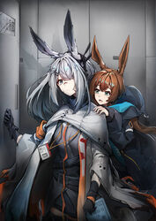  2girls :d absurdres amiya_(arknights) animal_ears arknights black_gloves black_jacket blue_eyes brown_hair cowboy_shot frostnova_(arknights) gloves grey_hair grey_jacket grey_shirt grey_skirt hair_ornament hair_over_one_eye hairclip hand_on_another&#039;s_shoulder highres id_card iku!_iku!! indoors jacket long_hair long_sleeves looking_at_viewer multiple_girls open_clothes open_jacket open_mouth rabbit_ears shirt skirt smile wide_sleeves 