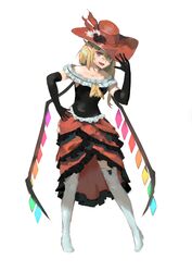  adapted_costume ascot bare_shoulders black_gloves boots cross crystal elbow_gloves female flandre_scarlet gloves hat high_heels highres inverted_cross medium_hair oerba_yun_fang one_side_up pointy_ears red_eyes red_hat showgirl_skirt simple_background sleeveless smile solo teasmacker thigh_boots thighhighs touhou white_background white_footwear wings yellow_ascot 