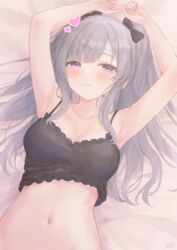  armpits arms_up bandaid bandaid_on_face bed_sheet black_camisole blush bow breasts camisole cleavage collarbone female gameso grey_hair hair_spread_out hairbow heart highres idolmaster idolmaster_shiny_colors light_smile looking_at_viewer lying medium_breasts navel on_back purple_eyes ribbed_camisole solo twintails upper_body yukoku_kiriko 