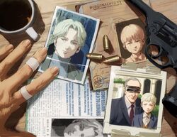  3boys absurdres bandaged_hand bandages blonde_hair blue_eyes bullet cartridge censored coffee_mug cup english_text gun highres identity_censor jacket johan_liebert looking_at_viewer male_focus monster_(manga) mug multiple_boys multiple_views photo_(object) revolver smile thisuserisalive turtleneck weapon 