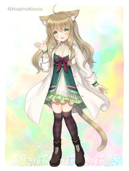  :d ahoge animal_ears argyle_clothes argyle_legwear black_footwear boots brown_hair cat_ears cat_girl cat_tail commentary_request commission dress female frilled_skirt frills full_body green_dress green_eyes hagino_kouta hair_between_eyes hand_up high-waist_skirt lab_coat long_hair long_sleeves looking_at_viewer open_clothes original over-kneehighs skeb_commission skirt smile solo standing tail thighhighs twitter_username white_skirt 