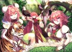  3girls :q ahoge animal animal_hug animal_on_arm animal_on_shoulder architecture arms_up bald_eagle bandaged_arm bandages bird bird_on_arm blurry blurry_background breasts chains commentary cuffs day double_bun dragon eagle east_asian_architecture eastern_dragon flower green_skirt hair_between_eyes highres horns ibaraki_douji&#039;s_arm ibaraki_douji_(touhou) ibaraki_kasen large_breasts looking_at_viewer multiple_girls multiple_persona open_mouth outdoors petting pink_eyes pink_hair pointy_ears puffy_short_sleeves puffy_sleeves raijuu red_flower red_rose red_tabard rose shackles shirt short_hair short_sleeves sitting skirt standing sunyup tabard tiger tile_roof tongue tongue_out touhou white_shirt 