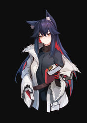  absurdres alternate_costume animal_ear_fluff animal_ears arknights black_background black_hair black_shirt brown_eyes chinese_commentary commentary_request cropped_torso female food fur-trimmed_jacket fur-trimmed_sleeves fur_trim gloves hair_between_eyes highres holding iku!_iku!! jacket long_hair long_sleeves looking_at_viewer multicolored_hair official_alternate_costume open_clothes open_jacket pocky red_gloves red_hair shirt sidelocks simple_background solo texas_(arknights) texas_(winter_messenger)_(arknights) upper_body white_jacket wide_sleeves wolf_ears 