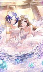  2girls :d absurdres ancient_greek_clothes armlet armpit_crease asymmetrical_clothes bare_shoulders beckoning blurry blush commentary_request dea_aurora_(idolmaster) depth_of_field dress greco-roman_clothes hayami_kanade head_rest head_wreath highres idolmaster idolmaster_cinderella_girls idolmaster_cinderella_girls_starlight_stage light_smile long_hair multiple_girls mumei_ponchi nitta_minami open_mouth pleated_dress secret_daybreak_(idolmaster) smile spray sunset temple white_dress 