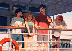  3boys absurdres against_railing blue_hair blue_tank_top boat boku_no_hero_academia bracelet brown_eyes brown_hair burn_scar casual chair female freckles glasses green_eyes green_hair grey_shorts heterochromia highres iida_tenya jewelry leaning_forward lifebuoy looking_at_another midoriya_izuku multicolored_hair multiple_boys open_mouth outdoors railing red_hair red_shirt scar scar_on_face shirt short_hair shorts sidelocks smile spiked_hair standing swim_ring table tamomoko tank_top todoroki_shouto two-tone_hair uraraka_ochako watch watercraft white_hair white_shirt window 