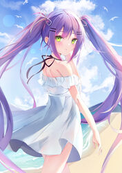  absurdres alternate_costume beach blush cloud cloudy_sky day dress female from_behind green_eyes hair_ornament hair_ribbon hairclip highres hololive long_hair looking_at_viewer looking_back multicolored_hair off-shoulder_dress off_shoulder outdoors parted_lips pink_hair purple_hair ribbon ririge sidelocks sky solo standing streaked_hair tokoyami_towa twintails very_long_hair virtual_youtuber white_dress 