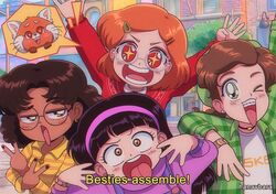  +_+ 1990s_(style) 4girls abby_(turning_red) animification black_hair black_nails braces dark-skinned_female dark_skin earrings fake_screenshot glasses green_eyes hanavbara itou_ikuko_(style) jewelry meilin_lee meilin_lee_(red_panda) miriam_(turning_red) multiple_girls overalls parody priya_(turning_red) purple_overalls red_eyes red_hair red_panda retro_artstyle style_parody subtitled tongue tongue_out turning_red v 