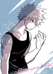  1boy bakugou_katsuki black_tank_top boku_no_hero_academia collarbone male_focus monochrome red_eyes solo spiked_hair spot_color tank_top twitter_username ume_(326310) 