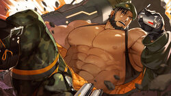  abs against_wall armpit_hair armpits bara beard belt beret black_hair boots bulge buzz_cut camouflage camouflage_pants clothes_lift duran_(gyee) explosion explosive facial_hair gomtang grenade grey_eyes gyee hat highres jacket looking_to_the_side male_focus mature_male muscular muscular_male navel navel_hair nipples on_ground open_clothes open_jacket open_mouth pants pectorals scar scar_on_face shirt_lift short_hair sitting solo sweat sweatdrop tank_top thick_arms thick_eyebrows thick_thighs thighs tonfa topless topless_male unzipped veins veiny_arms very_short_hair wall weapon zipper 