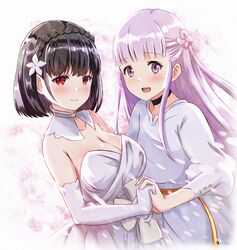  2girls :d ars_no_kyojuu artist_name black_choker black_hair blush bow braid breasts choker cleavage commentary_request crossover dress elbow_gloves flower gloves hair_flower hair_ornament highres holding_hands kuumi_(ars_no_kyojuu) lainie_cyan long_hair multiple_girls pink_hair purple_eyes purple_hair red_eyes robe satya season_connection short_hair smile tensei_oujo_to_tensai_reijou_no_mahou_kakumei upper_body voice_actor_connection white_bow white_dress youmiya_hina 