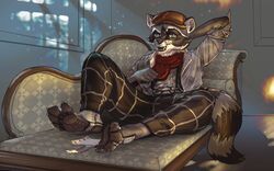  bottomwear clothed clothing eyewear feet glasses hi_res male mammal open_clothing open_shirt open_topwear procyonid raccoon redsummer shirt sitting solo spats tight_clothing topwear 