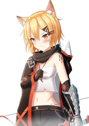  animal_ear_fluff animal_ears arknights bare_shoulders black_cape black_gloves black_scarf black_shorts blonde_hair blush brown_eyes cape closed_mouth commentary crop_top earrings elbow_gloves english_commentary female fingerless_gloves gloves hair_between_eyes hair_ornament hairclip highres jewelry looking_at_viewer material_growth mechanical_arms midriff mixed-language_commentary navel notched_ear oripathy_lesion_(arknights) prophosphere scarf shirt short_hair shorts simple_background single_mechanical_arm solo strapless tube_top vermeil_(arknights) white_background white_shirt 