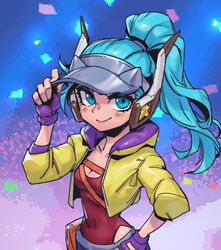  aqua_eyes aqua_hair arcade_quinn breasts cleavage collarbone covered_navel female fingerless_gloves gloves grey_headwear hand_on_own_hip headgear high_ponytail jacket league_of_legends legends_of_runeterra looking_at_viewer open_clothes open_jacket open_mouth phantom_ix_row ponytail purple_gloves quinn_(league_of_legends) red_shirt shirt small_breasts smile upper_body visor_cap yellow_jacket 