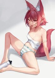  absurdres animal_ear_fluff animal_ears barefoot between_feet blush bottle bow bow_panties breasts cameltoe camisole cleavage extra_ears feet female fox_ears fox_girl fox_tail green_panties highres holding_with_feet illian-san legs looking_at_viewer navel oerba_yun_fang off_shoulder open_mouth original panties red_eyes scar scar_on_face shadow short_hair simulated_footjob sitting small_breasts solo spread_legs strap_slip striped_clothes striped_panties sweatdrop tail toes tongue tongue_out underwear water_bottle 