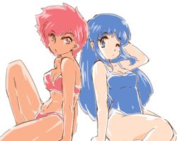  2girls arm_behind_head bikini blue_eyes blue_hair blue_one-piece_swimsuit covered_navel dirty_pair hand_on_ground kei_(dirty_pair) leg_up long_hair multiple_girls navel okuri_ookami one-piece_swimsuit one_eye_closed open_mouth red_bikini red_eyes red_hair retro_artstyle short_hair swimsuit white_background yuri_(dirty_pair) 