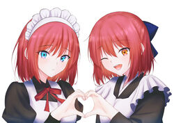  2girls absurdres apron black_dress black_kimono blue_bow blue_eyes bow commentary_request dress hair_between_eyes hairbow half_updo heart heart_hands heart_hands_duo highres hisui_(tsukihime) japanese_clothes juliet_sleeves kimono kohaku_(tsukihime) long_sleeves looking_at_viewer maid maid_apron maid_headdress mixed_maids multiple_girls neck_ribbon one_eye_closed open_mouth orange_eyes puffy_sleeves red_hair red_ribbon ribbon short_hair siblings simple_background sisters smile teeth tsukihime twins upper_body upper_teeth_only wa_maid white_apron white_background wide_sleeves yae_0902 