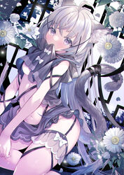  07touka25 ahoge animal_ear_fluff animal_ears black_ribbon blush bow breasts cat_ears cat_girl cat_tail chromatic_aberration closed_mouth clothes_in_mouth clothes_lift commission feet_out_of_frame female floral_background flower frilled_skirt frilled_underwear frills grey_eyes highres leaf lingerie long_hair looking_at_viewer medium_breasts miniskirt navel original purple_shirt purple_skirt ribbon shirt skirt stomach tail tail_ornament tail_ribbon underboob underwear white_bow white_hair 