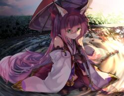  animal_ears azur_lane bad_id bad_pixiv_id bare_shoulders blush breasts closed_mouth female floral_background flower fox_ears fox_girl fox_tail gloves green_eyes hair_flower hair_ornament hairband hanazuki_(azur_lane) holding holding_umbrella in_water japanese_clothes kimono long_hair long_sleeves looking_at_viewer open_mouth pink_hair print_umbrella shibaebi_(yasaip_game) sitting smile solo tail umbrella very_long_hair wide_sleeves 