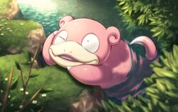  2019 ambiguous_gender detailed_background digital_media_(artwork) flower generation_1_pokemon gossan grass nintendo open_mouth partially_submerged plant pokemon pokemon_(species) slowpoke solo water 