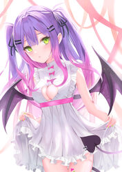  absurdres alternate_costume black_ribbon blush breasts cleavage cleavage_cutout clothing_cutout cowboy_shot demon_tail demon_wings dress female frilled_dress frills green_eyes hair_ornament hair_ribbon hairclip heart heart_tattoo highres hololive leg_tattoo long_hair looking_at_viewer medium_breasts multicolored_hair parted_lips piercing pink_hair purple_hair ribbon ririge skirt_hold sleeveless sleeveless_dress solo standing tail tail_ornament tail_piercing tattoo tokoyami_towa two-tone_hair two_side_up virtual_youtuber white_dress wings 