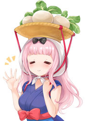  =_= alternate_costume animal_crossing basket black_bow blue_kimono blunt_bangs blush bow breasts closed_eyes closed_mouth collarbone commentary_request cosplay daisy_mae_(animal_crossing) daisy_mae_(animal_crossing)_(cosplay) female fujiwara_chika hairbow hand_up head_scarf japanese_clothes kaguya-sama_wa_kokurasetai_~tensai-tachi_no_renai_zunousen~ kimono long_hair medium_breasts nikoo notice_lines partial_commentary pink_hair red_bow simple_background sleeveless sleeveless_kimono smile solo turnip upper_body white_background 