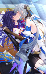  2girls ahoge arm_scarf armband bandana_around_arm bare_shoulders black_gloves black_shorts blue_scarf breasts bronya_rand dress drill_hair earrings elbow_gloves french_kiss gloves grey_eyes grey_hair hair_between_eyes highres honkai:_star_rail honkai_(series) interlocked_fingers jewelry kissing long_hair multiple_girls purple_eyes purple_hair purple_scarf red_armband scarf seele_(honkai:_star_rail) shorts sieka_(piiroinardesco) thighs white_dress yuri 