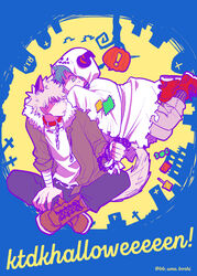  ! 2boys animal_ears bakugou_katsuki bandaged_arm bandages blonde_hair boku_no_hero_academia boots candy chains collar food freckles fur_collar ghost_costume green_eyes green_hair green_jacket halloween halloween_costume hat holding holding_chain jacket lollipop looking_at_another male_focus midoriya_izuku multiple_boys patch pointy_ears pumpkin red_eyes red_footwear sharp_teeth spiked_hair tail teeth tombstone tree twitter_username ume_(326310) witch_hat wolf_ears wolf_tail 