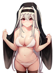  arknights ass_visible_through_thighs bad_id bad_pixiv_id bare_arms bare_shoulders bra breasts brown_thighhighs cleavage collarbone cowboy_shot female grey_hair habit hair_between_eyes lace lace-trimmed_bra lace-trimmed_panties lace_trim large_breasts long_hair looking_at_viewer micat navel nun panties parted_lips photoshop_(medium) red_eyes sidelocks simple_background smile solo specter_(arknights) stomach straight_hair thighhighs underwear very_long_hair white_background white_bra white_panties 