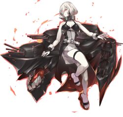  abyssal_ship belt breasts bridal_gauntlets closed_mouth colored_skin european_little_sister_princess female full_body kantai_collection konishi_(koconatu) large_breasts official_art pale_skin red_eyes sandals short_hair solo thigh_strap transparent_background turret white_belt white_hair white_skin 