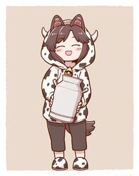  ^_^ alternate_costume animal_ears animal_print bell black_pants border bottle brown_hair brown_tail chinese_zodiac closed_eyes collarbone commentary_request cow_hood cow_horns cow_print facing_viewer female full_body holding horns imaizumi_kagerou long_sleeves milk_bottle open_mouth pants parted_bangs poronegi simple_background smile solo standing tail touhou white_border wolf_ears wolf_tail year_of_the_ox 