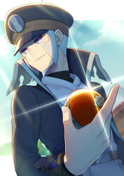  1boy belt belt_buckle black_coat black_hat brown_belt buckle closed_mouth cloud coat commentary_request day facial_hair glint goatee grey_eyes grey_hair hat high_collar highres holding holding_poke_ball ingo_(pokemon) long_sideburns male_focus minamo_(erkn7553) outdoors peaked_cap pearl_clan_outfit poke_ball poke_ball_(legends) pokemon pokemon_legends:_arceus short_hair sideburns sky smile solo trench_coat 