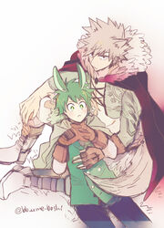  2boys 2nd_popularity_poll_(boku_no_hero_academia) abs alternate_universe animal_ears bakugou_katsuki blonde_hair boku_no_hero_academia boots brown_gloves cape fingerless_gloves fingers_together freckles fur_collar gloves green_eyes green_hair green_shirt highres male_focus midoriya_izuku multiple_boys official_alternate_costume rabbit_ears red_cape shirt sitting spiked_hair tail toned toned_male ume_(326310) wolf_ears wolf_tail yaoi 