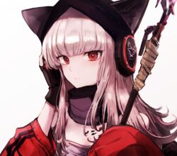  animal_ears arknights axe bad_id bad_pixiv_id beanie black_gloves closed_mouth dora_(user_jnfr7827) dress ears_through_headwear female fingerless_gloves fox_ears fox_girl frostleaf_(arknights) gloves hand_on_headphones hat headphones_over_headwear holding holding_axe holding_weapon jacket light_blush long_sleeves looking_at_viewer material_growth md5_mismatch off-shoulder_dress off_shoulder oripathy_lesion_(arknights) oversized_clothes red_eyes red_jacket scarf simple_background sleeves_past_wrists solo upper_body weapon white_background white_hair 