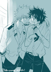  2boys bakugou_katsuki belt blazer blush boku_no_hero_academia clothes_pull collared_shirt freckles green_hair jacket looking_at_another male_focus midoriya_izuku monochrome multiple_boys necktie open_mouth school_uniform shirt shirt_pull spiked_hair sweatdrop teeth twitter_username u.a._school_uniform ume_(326310) v-shaped_eyebrows 